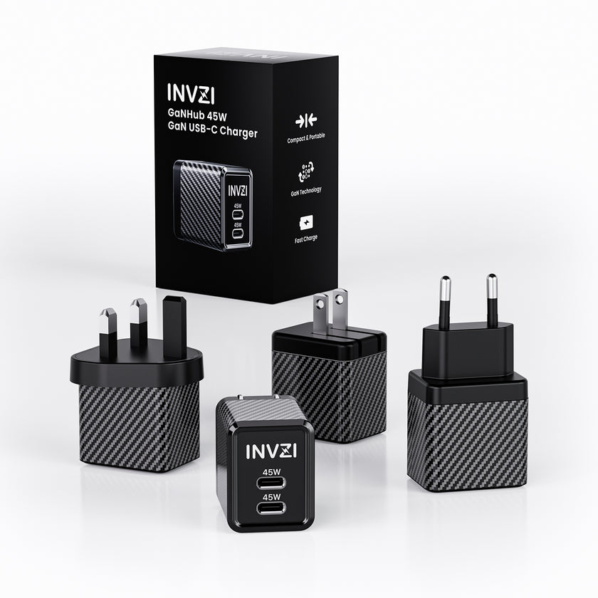 INVZI GaNHub 45W USB-C GaN Charger Dual USB-C Ports for Samsung S24 and iPhone 15 Pro