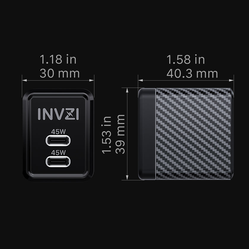 INVZI GaNHub 45W USB-C GaN Charger Dual USB-C Ports for Samsung S24 and iPhone 15 Pro