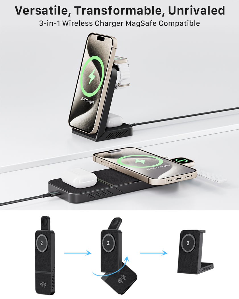 MagFree Transform 3-in-1 Fast Wireless Charger for iPhone 15, Apple Watch and AirPods