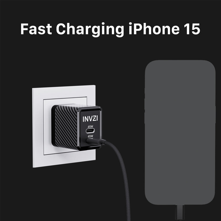 INVZI GaNHub 45W USB-C GaN Charger Dual USB-C Ports for Samsung S24 and iPhone 15 Pro