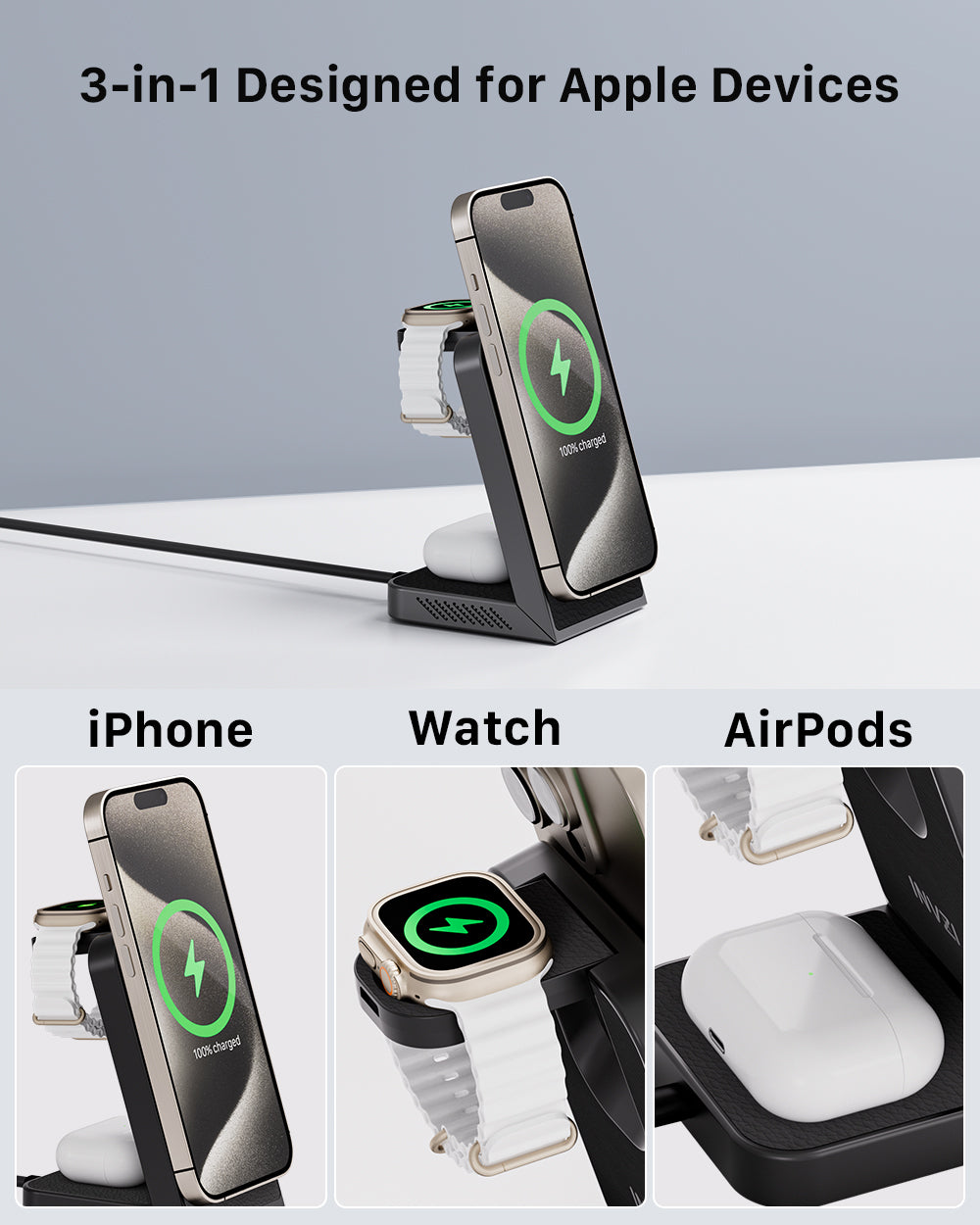 MagFree Transform 3-in-1 Fast Wireless Charger for iPhone 15, Apple Watch and AirPods