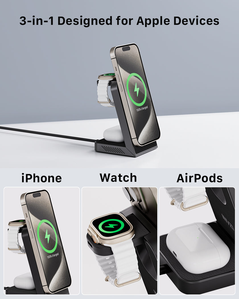 MagFree Transform 3-in-1 Fast Wireless Charger for iPhone 15, Apple Watch and AirPods
