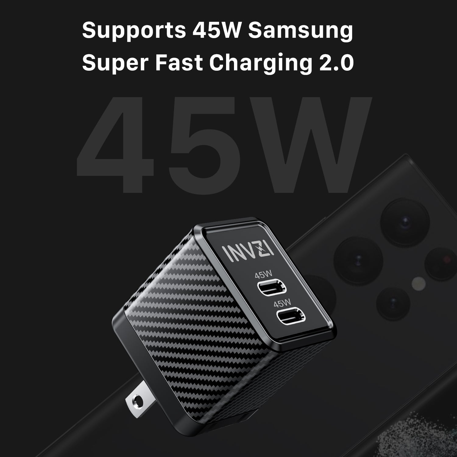 INVZI GaNHub 45W USB-C GaN Charger Dual USB-C Ports for Samsung S24 and iPhone 15 Pro