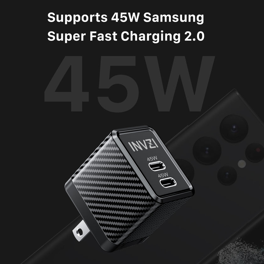 INVZI GaNHub 45W USB-C GaN Charger Dual USB-C Ports for Samsung S24 and iPhone 15 Pro