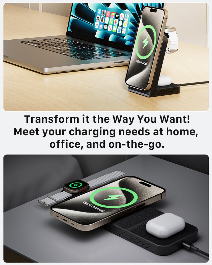MagFree Transform 3-in-1 Fast Wireless Charger for iPhone 15, Apple Watch and AirPods