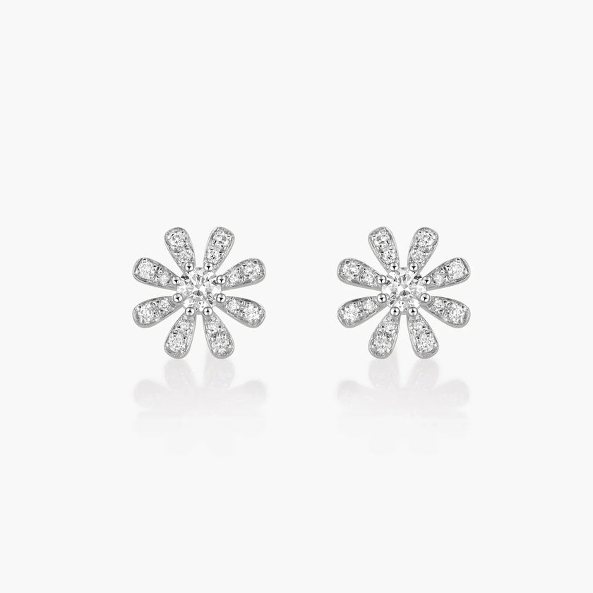 Classic Daisies Flower 18K Gold Stud Diamond Earrings