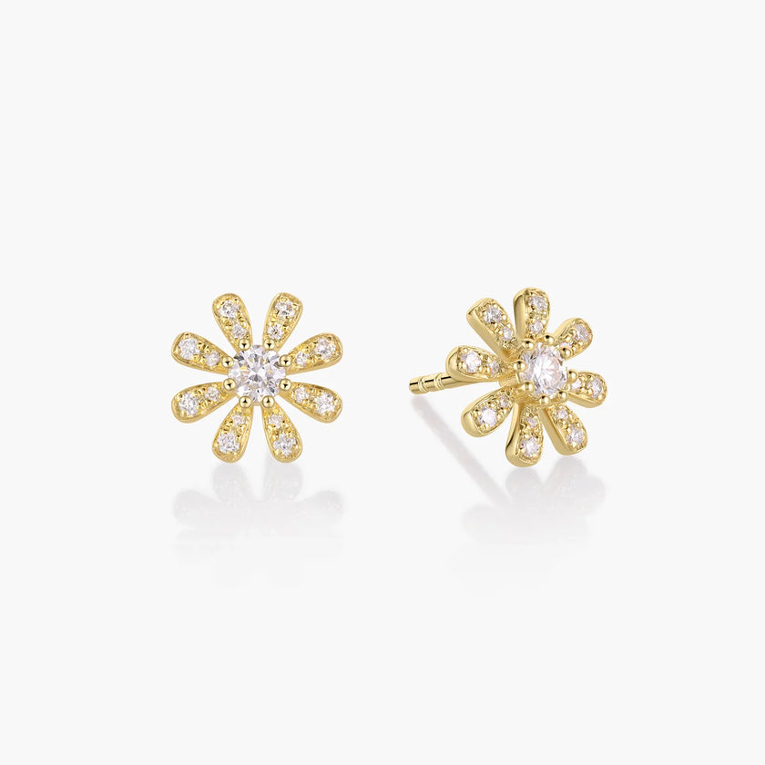 Classic Daisies Flower 18K Gold Stud Diamond Earrings