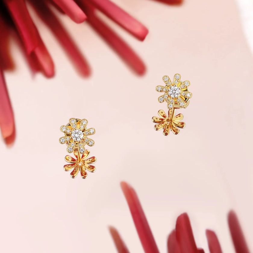 Classic Daisies Flower 18K Gold Stud Diamond Earrings