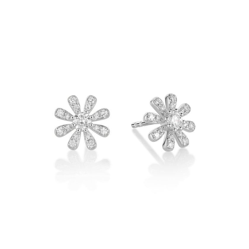 Classic Daisies Flower 18K Gold Stud Diamond Earrings