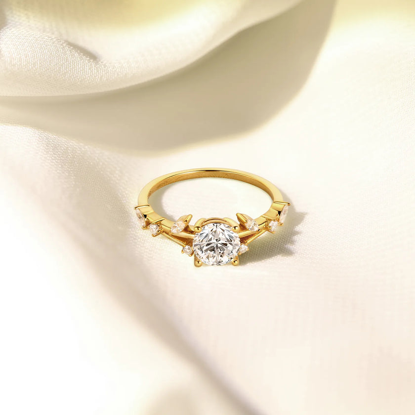 Quince Branch Elegance in Bloom 18K Gold Diamond Ring 3EX Cut D/E/F Color