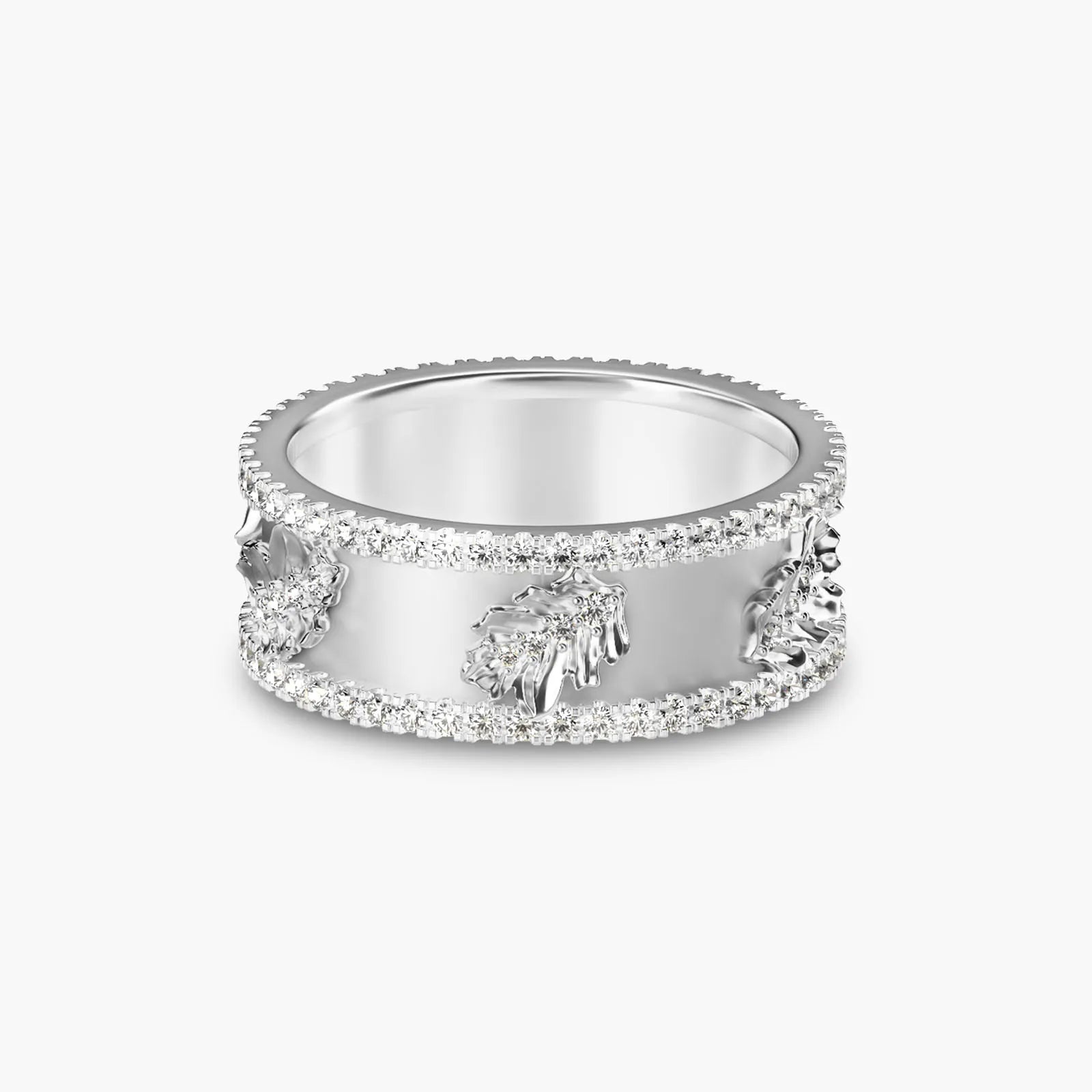 Wide Band Oak Leaf 18K Gold Diamond Ring