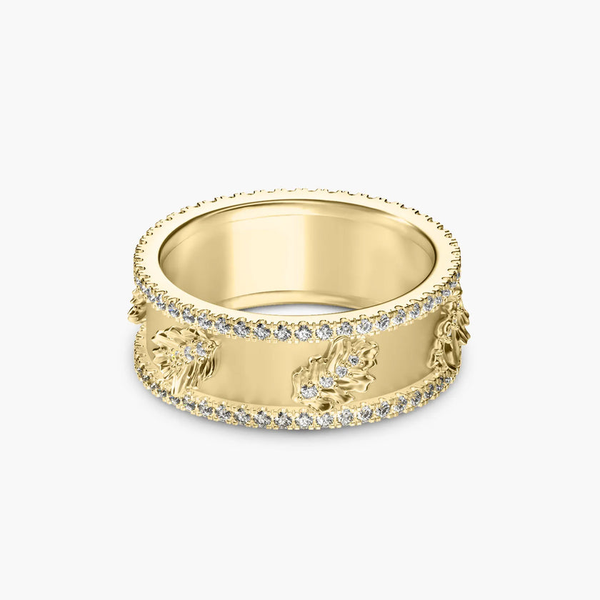 Wide Band Oak Leaf 18K Gold Diamond Ring