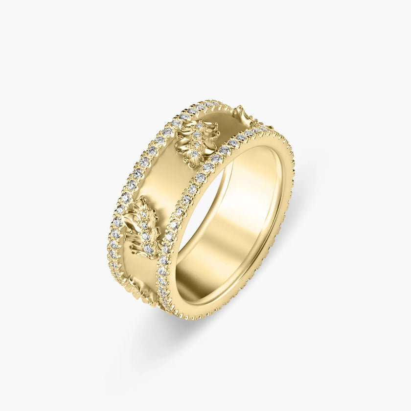 Wide Band Oak Leaf 18K Gold Diamond Ring